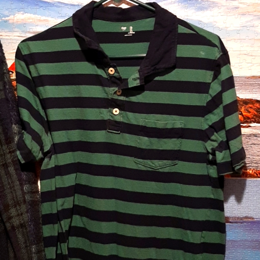 Gap Mens Black and Green Striped Polo